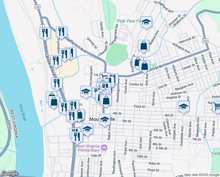map of restaurants, bars, coffee shops, grocery stores, and more near 912 2nd Street in Moundsville