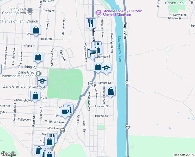 map of restaurants, bars, coffee shops, grocery stores, and more near 934 Putnam Avenue in Zanesville