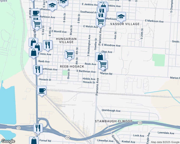 map of restaurants, bars, coffee shops, grocery stores, and more near 141 South Washington Avenue in Columbus