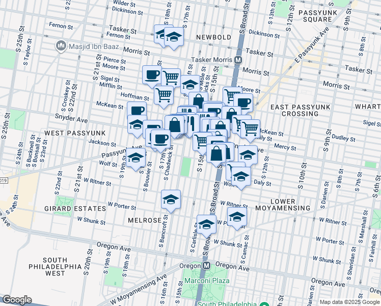 map of restaurants, bars, coffee shops, grocery stores, and more near 2141 South Mole Street in Philadelphia