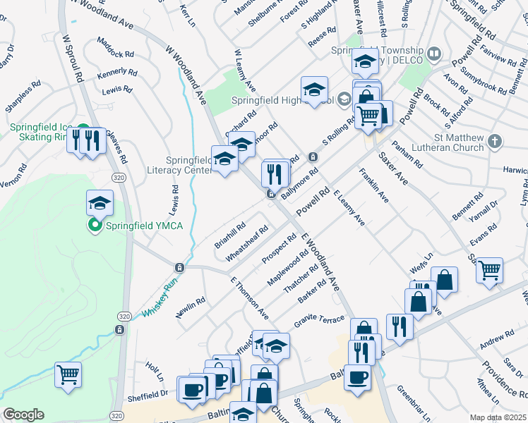 map of restaurants, bars, coffee shops, grocery stores, and more near 15 White Oak Road in Springfield