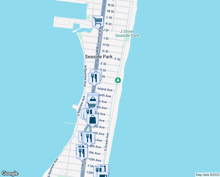 map of restaurants, bars, coffee shops, grocery stores, and more near 16 Island Avenue in Seaside Park