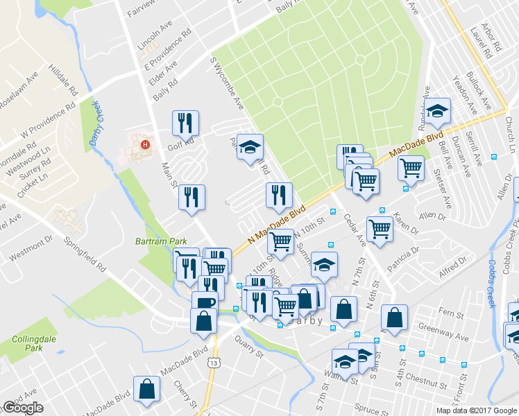 map of restaurants, bars, coffee shops, grocery stores, and more near 1143 Glen Avon Road in Darby