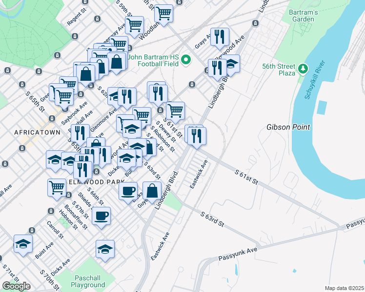 map of restaurants, bars, coffee shops, grocery stores, and more near 2645 South Dewey Street in Philadelphia