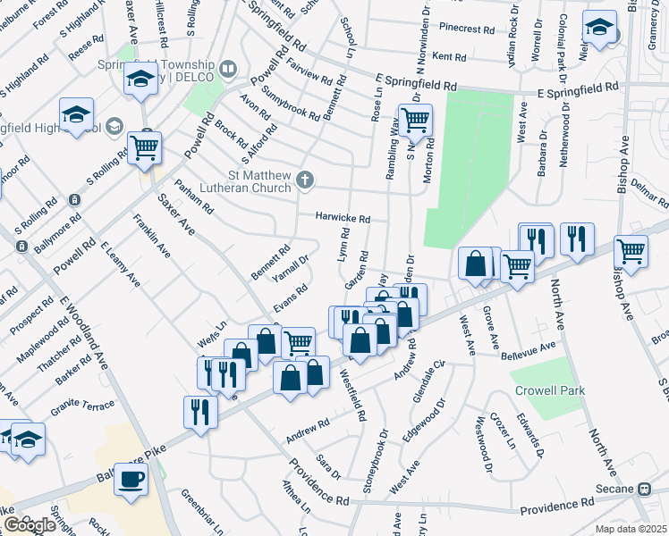 map of restaurants, bars, coffee shops, grocery stores, and more near 352 Lynn Road in Springfield
