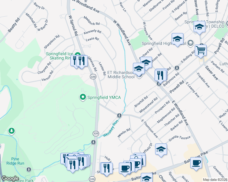 map of restaurants, bars, coffee shops, grocery stores, and more near 230 Lewis Road in Springfield