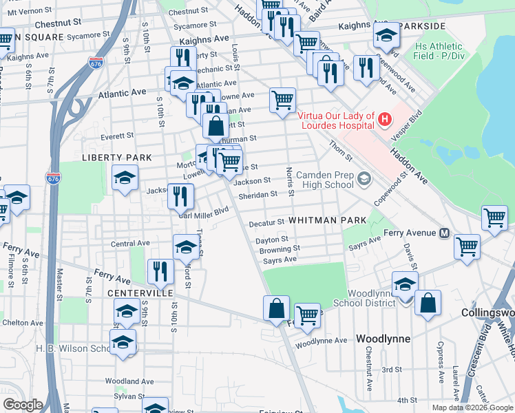 map of restaurants, bars, coffee shops, grocery stores, and more near 1229 Carl Miller Boulevard in Camden