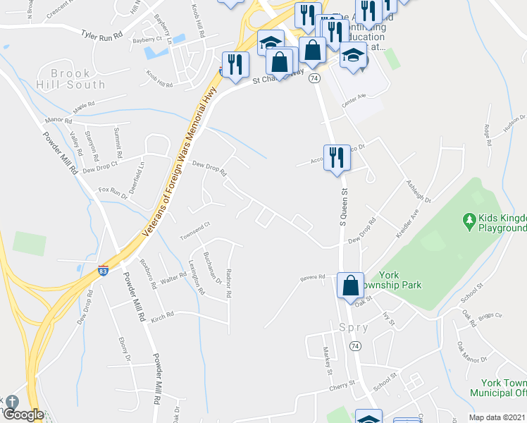 map of restaurants, bars, coffee shops, grocery stores, and more near 304 Hunters Path in York