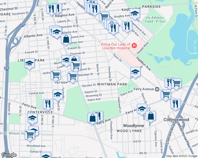 map of restaurants, bars, coffee shops, grocery stores, and more near Van Hook St & Norris St in Camden