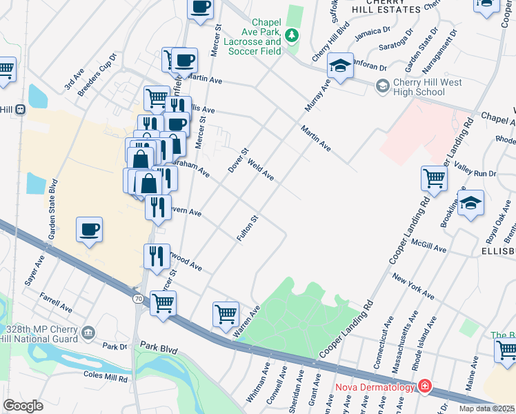 map of restaurants, bars, coffee shops, grocery stores, and more near 823 Fulton Street in Cherry Hill