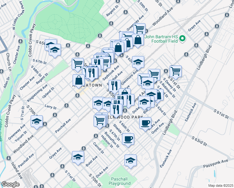 map of restaurants, bars, coffee shops, grocery stores, and more near 6437 Grays Avenue in Philadelphia
