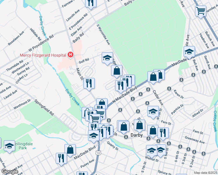 map of restaurants, bars, coffee shops, grocery stores, and more near 109 Weymouth Road in Darby