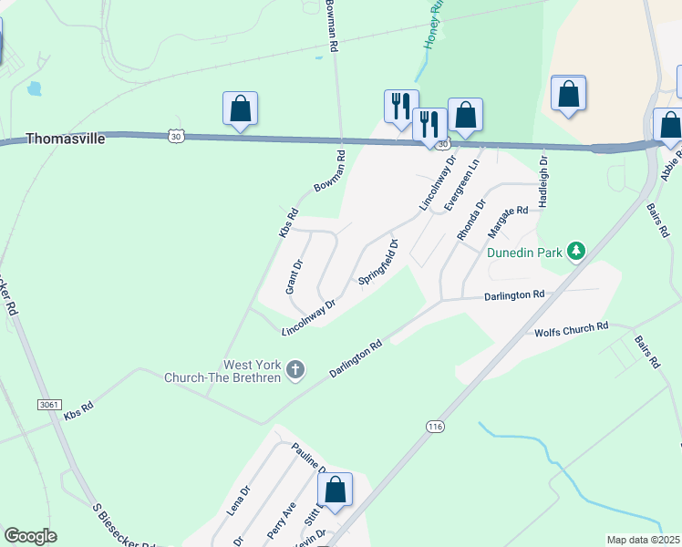 map of restaurants, bars, coffee shops, grocery stores, and more near 390 Lincolnway Drive in York
