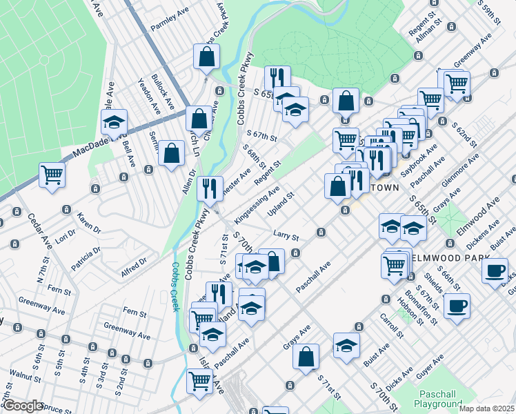 map of restaurants, bars, coffee shops, grocery stores, and more near 6900 Regent Street in Philadelphia