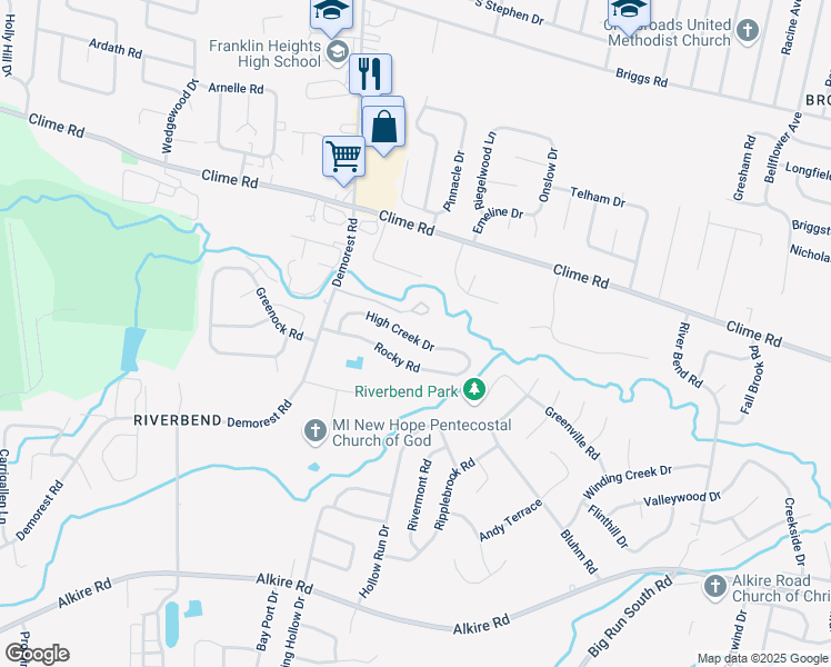 map of restaurants, bars, coffee shops, grocery stores, and more near 3516 High Creek Drive in Columbus