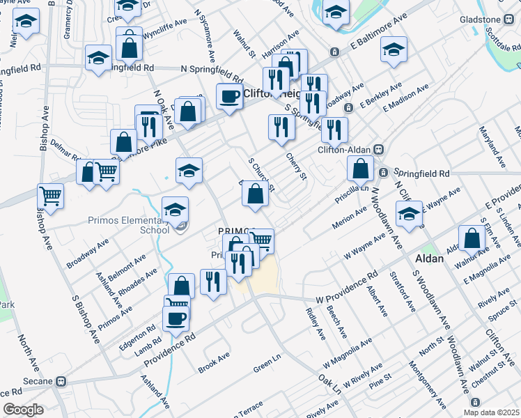 map of restaurants, bars, coffee shops, grocery stores, and more near in Clifton Heights