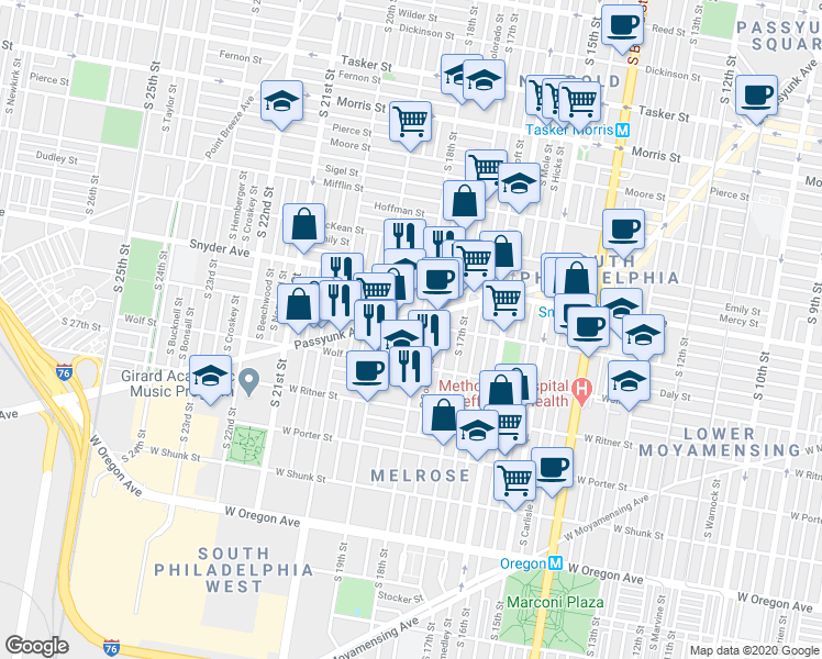 map of restaurants, bars, coffee shops, grocery stores, and more near 1808 Jackson Street in Philadelphia