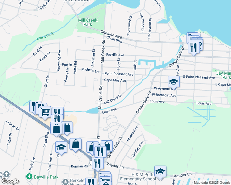map of restaurants, bars, coffee shops, grocery stores, and more near 313 Allaire Avenue in Berkeley Township
