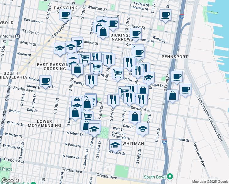 map of restaurants, bars, coffee shops, grocery stores, and more near 1927 South 5th Street in Philadelphia