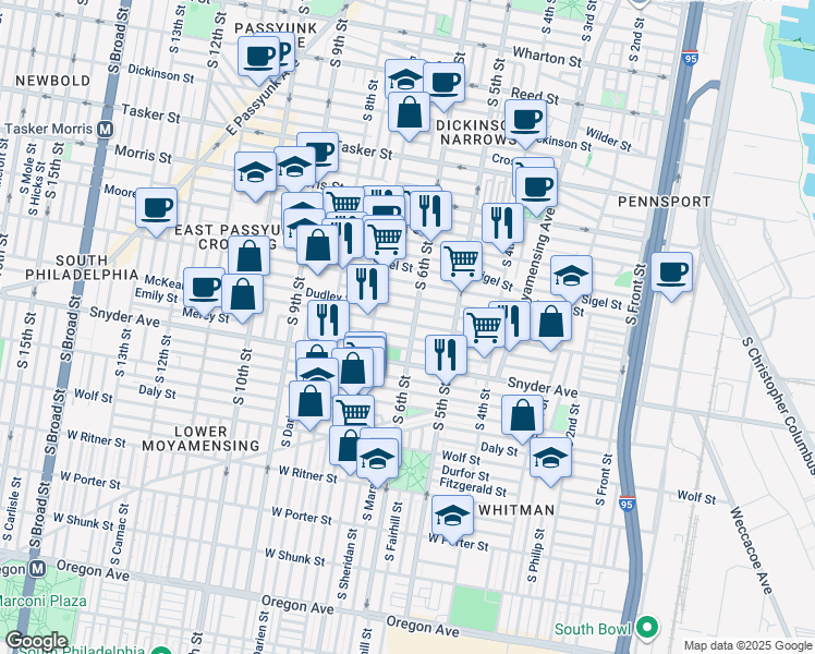 map of restaurants, bars, coffee shops, grocery stores, and more near 2000 South 6th Street in Philadelphia