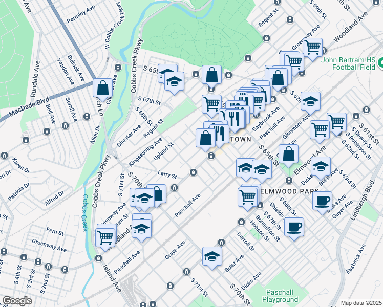 map of restaurants, bars, coffee shops, grocery stores, and more near 6731 Yocum Street in Philadelphia