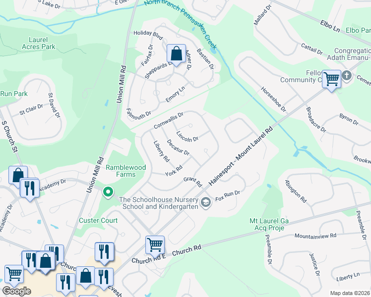 map of restaurants, bars, coffee shops, grocery stores, and more near 711 Decatur Drive in Mount Laurel Township