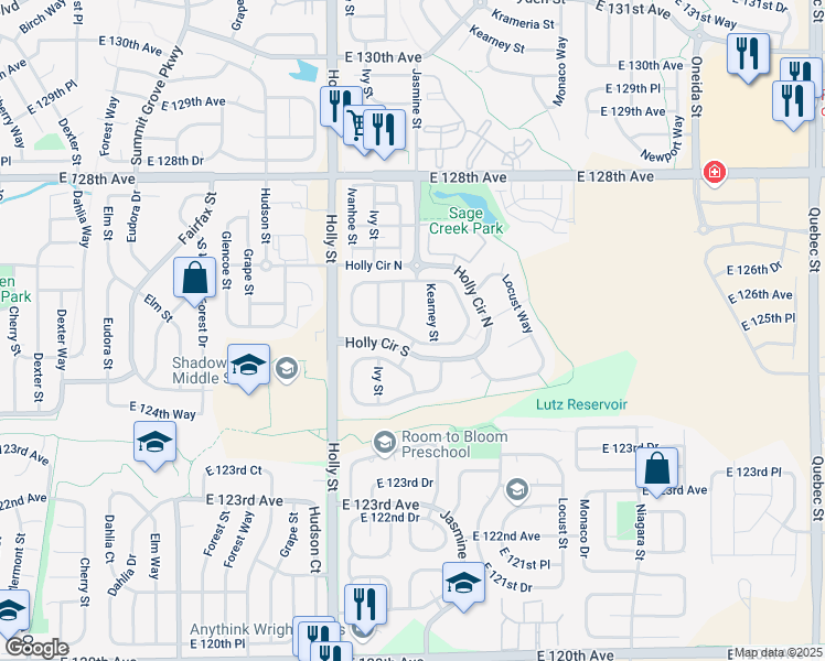 map of restaurants, bars, coffee shops, grocery stores, and more near 12610 Jersey Circle West in Thornton