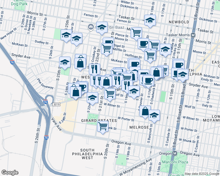 map of restaurants, bars, coffee shops, grocery stores, and more near 2229 South Lambert Street in Philadelphia