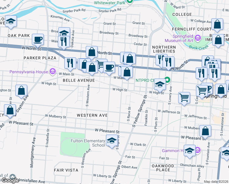 map of restaurants, bars, coffee shops, grocery stores, and more near 737 West High Street in Springfield