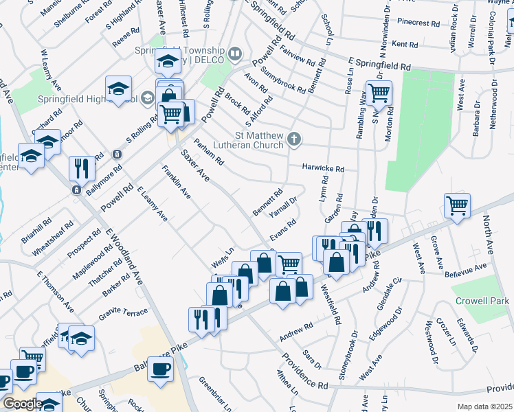 map of restaurants, bars, coffee shops, grocery stores, and more near 374 Bennett Road in Springfield