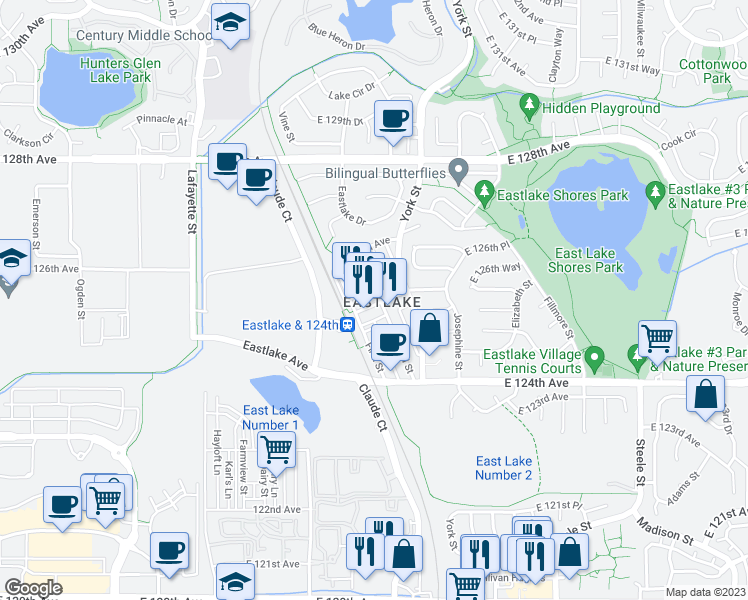 map of restaurants, bars, coffee shops, grocery stores, and more near 2229 Lake Avenue in Thornton