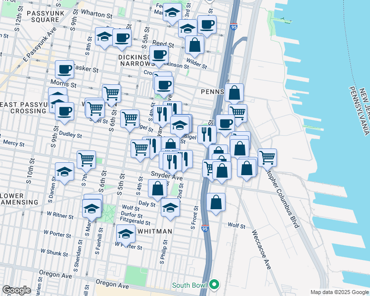 map of restaurants, bars, coffee shops, grocery stores, and more near 1914 South 2nd Street in Philadelphia