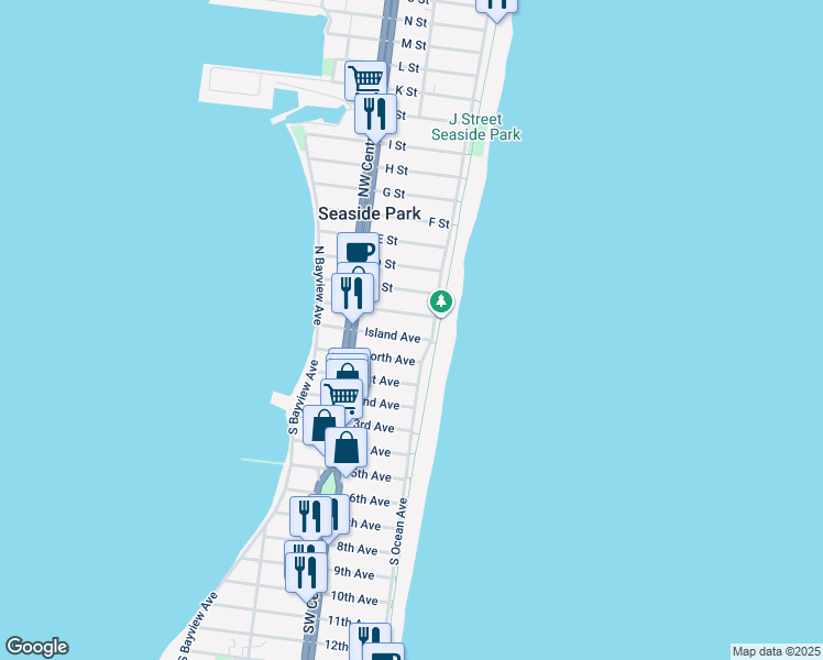 map of restaurants, bars, coffee shops, grocery stores, and more near 16 Island Avenue in Seaside Park
