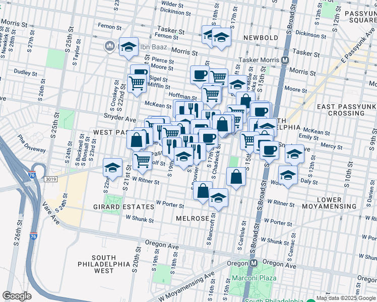 map of restaurants, bars, coffee shops, grocery stores, and more near 1808 Jackson Street in Philadelphia