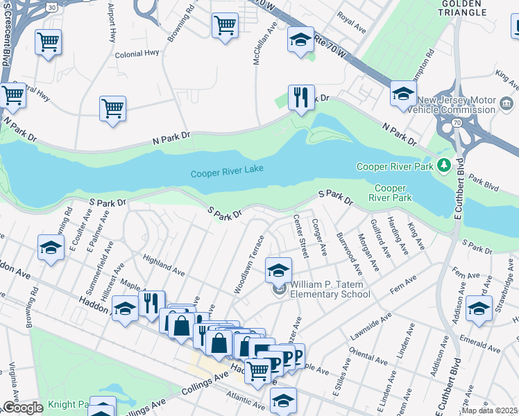 map of restaurants, bars, coffee shops, grocery stores, and more near 445 South Park Drive in Collingswood