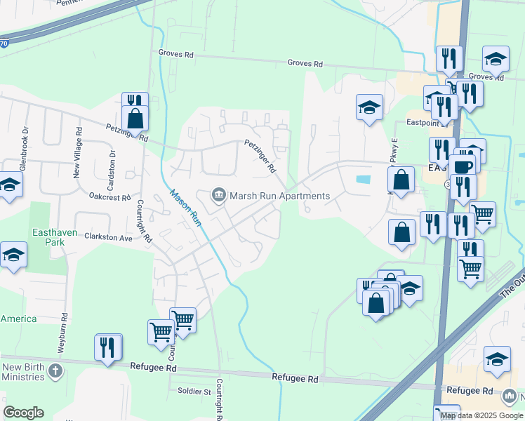 map of restaurants, bars, coffee shops, grocery stores, and more near 3939 Kimberly Parkway North in Columbus
