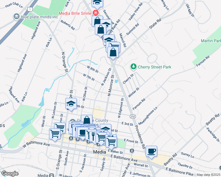 map of restaurants, bars, coffee shops, grocery stores, and more near 627 North Monroe Street in Media
