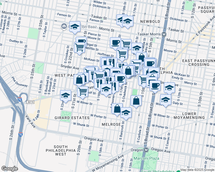 map of restaurants, bars, coffee shops, grocery stores, and more near 1814 Jackson Street in Philadelphia