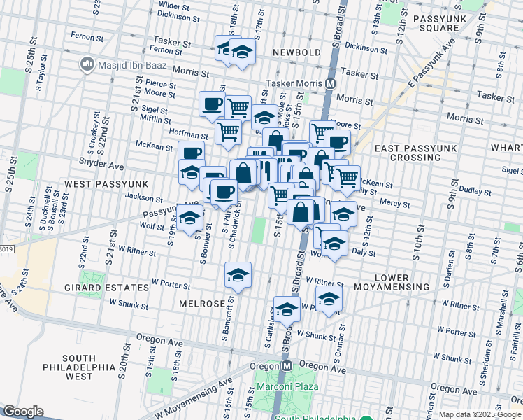 map of restaurants, bars, coffee shops, grocery stores, and more near 2138 South Mole Street in Philadelphia