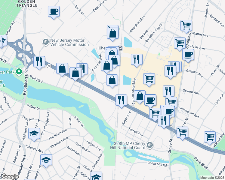 map of restaurants, bars, coffee shops, grocery stores, and more near 2230 Marlton Pike West in Cherry Hill