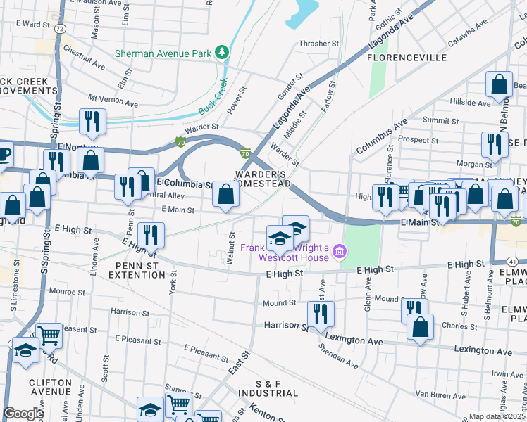 map of restaurants, bars, coffee shops, grocery stores, and more near 1010 East Main Street in Springfield