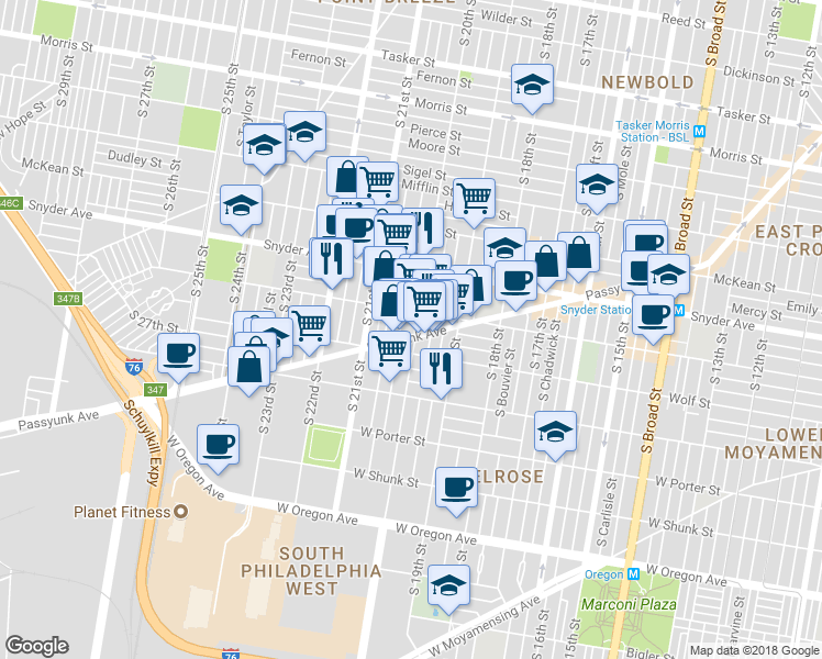 map of restaurants, bars, coffee shops, grocery stores, and more near 2220 South 20th Street in Philadelphia