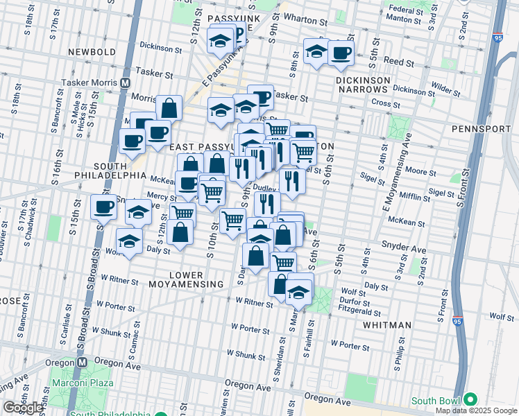 map of restaurants, bars, coffee shops, grocery stores, and more near 2012 South Mildred Street in Philadelphia