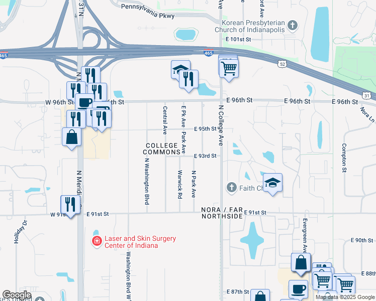 map of restaurants, bars, coffee shops, grocery stores, and more near 9315 North Park Avenue in Indianapolis