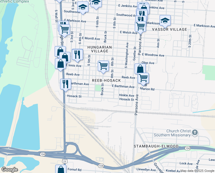 map of restaurants, bars, coffee shops, grocery stores, and more near 237 East Barthman Avenue in Columbus