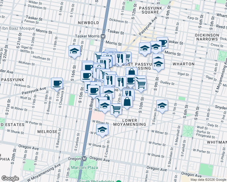 map of restaurants, bars, coffee shops, grocery stores, and more near 1215 Snyder Avenue in Philadelphia