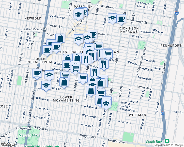 map of restaurants, bars, coffee shops, grocery stores, and more near 2012 South Mildred Street in Philadelphia