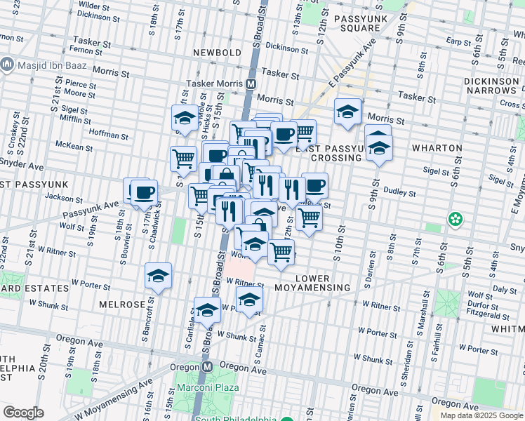map of restaurants, bars, coffee shops, grocery stores, and more near 1311 East Snyder Avenue in Philadelphia
