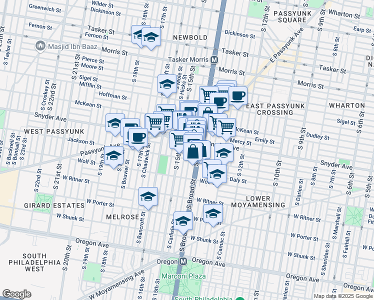 map of restaurants, bars, coffee shops, grocery stores, and more near 2125 South Carlisle Street in Philadelphia