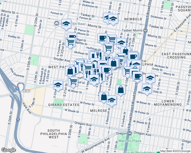 map of restaurants, bars, coffee shops, grocery stores, and more near 1814 Jackson Street in Philadelphia